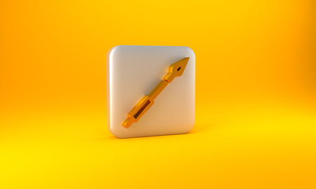 Gold Medieval spear icon isolated on yellow background. Medieval weapon. Silver square button. 3D render illustrationの写真素材