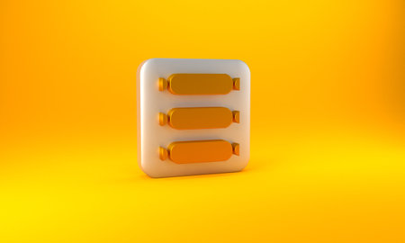 Gold Sausage icon isolated on yellow background. Grilled sausage and aroma sign. Silver square button. 3D render illustrationの写真素材