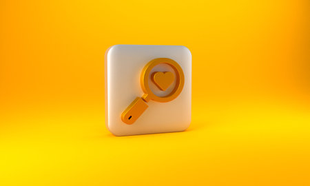 Gold Search heart and love icon isolated on yellow background. Magnifying glass with heart inside. Silver square button. 3D render illustrationの写真素材