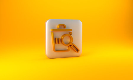 Gold Searching for food in trash can on streets outdoors icon isolated on yellow background. Homelessness and poverty concept. Silver square button. 3D render illustrationの写真素材