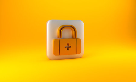Gold First aid kit icon isolated on yellow background. Medical box with cross. Medical equipment for emergency. Healthcare concept. Silver square button. 3D render illustrationの写真素材