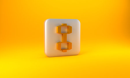 Gold Dumbbell icon isolated on yellow background. Muscle lifting, fitness barbell, sports equipment. Silver square button. 3D render illustrationの写真素材