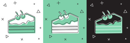 Set Piece of cake icon isolated on white and green, black background. Happy Birthday. Vector