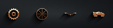 Set Bicycle cassette, wheel, handlebar and shoes icon with long shadow. Vectorのイラスト素材