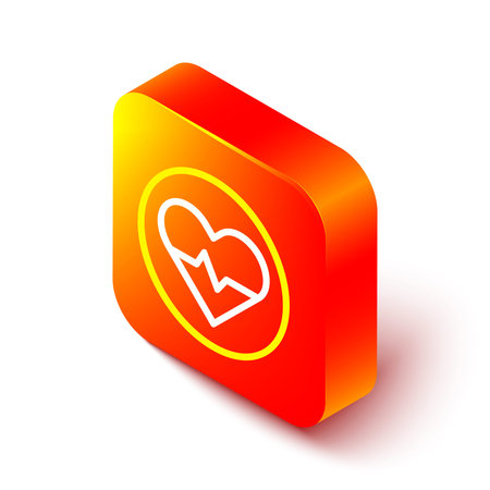 Isometric line Heart rate icon isolated on white background. Heartbeat sign. Heart pulse icon. Cardiogram icon. Orange square button. Vectorのイラスト素材