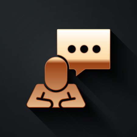 Gold Speech bubble chat icon isolated on black background. Message icon. Communication or comment chat symbol. Long shadow style. Vectorのイラスト素材