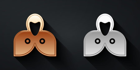 Gold and silver Mantle, cloak, cape icon isolated on black background. Magic cloak of mage, wizard and witch for halloween design. Long shadow style. Vectorのイラスト素材