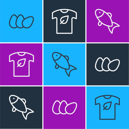 Set line Chicken egg, Fish and Vegan shirt icon. Vectorのイラスト素材
