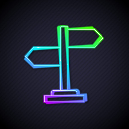 Glowing neon line Road traffic sign. Signpost icon isolated on black background. Pointer symbol. Isolated street information sign. Direction sign. Vectorのイラスト素材