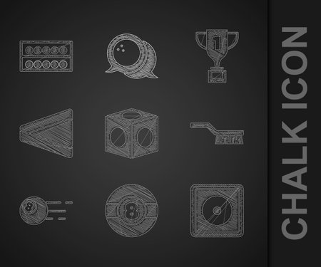 Set Billiard chalk, ball, Pool table brush, triangle, Award cup and balls on stand icon. Vectorのイラスト素材