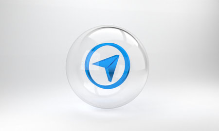 Blue Infographic of city map navigation icon isolated on grey background. Interface concept design. Geolocation concept. Glass circle button. 3D render illustrationの写真素材