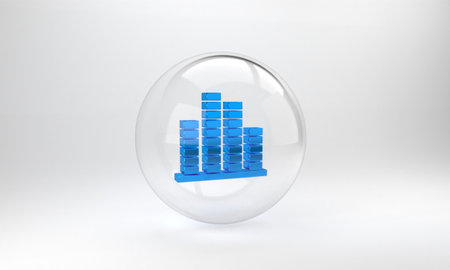 Blue Music equalizer icon isolated on grey background. Sound wave. Audio digital equalizer technology, console panel, pulse musical. Glass circle button. 3D render illustrationの写真素材