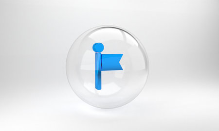 Blue Flag icon isolated on grey background. Location marker symbol. Glass circle button. 3D render illustrationの写真素材