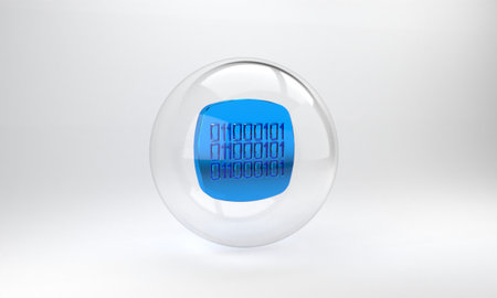 Blue Binary code icon isolated on grey background. Glass circle button. 3D render illustration