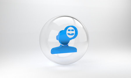 Blue Good mood icon isolated on grey background. Glass circle button. 3D render illustrationの写真素材