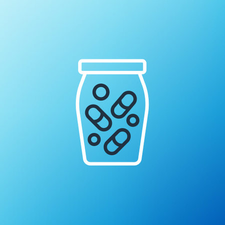 Line Medicine bottle and pills icon isolated on blue background. Bottle pill sign. Pharmacy design. Colorful outline concept. Vectorのイラスト素材
