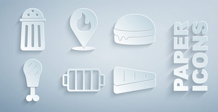 Set Barbecue grill, Burger, Chicken leg, Steak meat, Location with fire flame and Salt icon. Vectorのイラスト素材