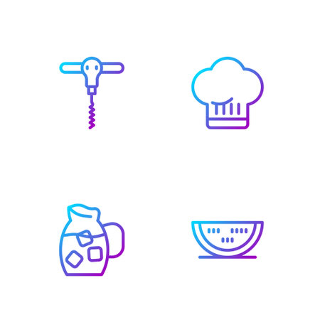 Set line Watermelon, Jug glass with water, Wine corkscrew and Chef hat. Gradient color icons. Vectorのイラスト素材
