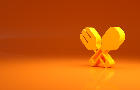 Yellow Crossed fork and spoon icon isolated on orange background. Cooking utensil. Cutlery sign. Minimalism concept. 3d illustration 3D renderの写真素材
