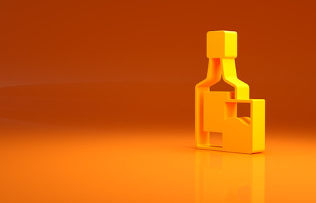 Yellow Whiskey bottle and glass icon isolated on orange background. Minimalism concept. 3d illustration 3D renderの写真素材