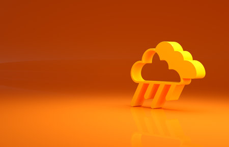 Yellow Cloud with rain icon isolated on orange background. Rain cloud precipitation with rain drops. Minimalism concept. 3d illustration 3D renderの写真素材