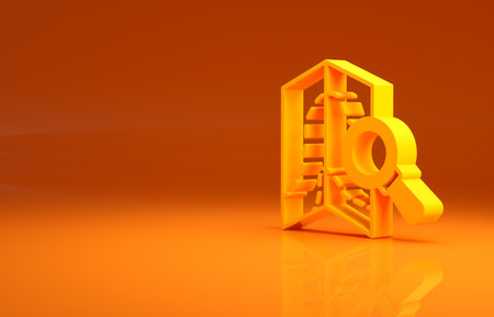 Yellow Search location icon isolated on orange background. Magnifying glass with pointer sign. Minimalism concept. 3d illustration 3D renderの写真素材