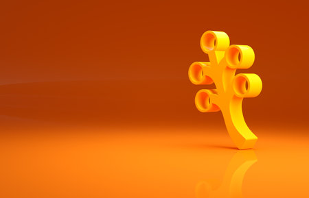 Yellow Blossom tree branch with flowers icon isolated on orange background. Minimalism concept. 3d illustration 3D renderの写真素材