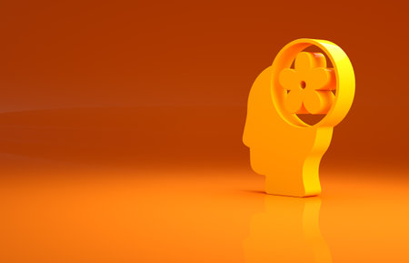 Yellow Human head with flower inside icon isolated on orange background. Minimalism concept. 3d illustration 3D renderの写真素材