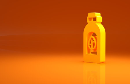 Yellow Essential oil bottle icon isolated on orange background. Organic aromatherapy essence. Skin care serum glass drop package. Minimalism concept. 3d illustration 3D renderの写真素材