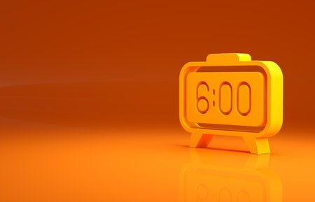 Yellow Digital alarm clock icon isolated on orange background. Electronic watch alarm clock. Time icon. Minimalism concept. 3d illustration 3D renderの写真素材