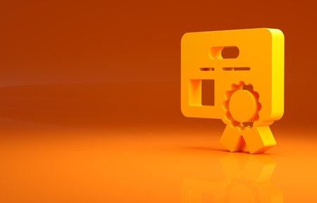 Yellow Certificate template icon isolated on orange background. Achievement, award, degree, grant, diploma concepts. Minimalism concept. 3d illustration 3D renderの写真素材