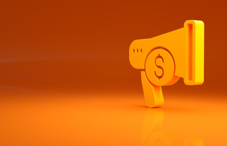 Yellow Megaphone and dollar icon isolated on orange background. Loud speech alert concept. Bullhorn for Mouthpiece scream promotion. Minimalism concept. 3d illustration 3D renderの写真素材
