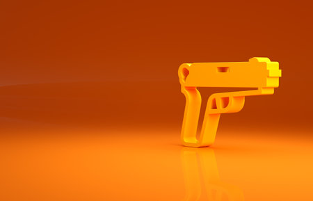 Yellow Pistol or gun icon isolated on orange background. Police or military handgun. Small firearm. Minimalism concept. 3d illustration 3D renderの写真素材