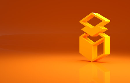 Yellow Layers icon isolated on orange background. Minimalism concept. 3d illustration 3D renderの写真素材