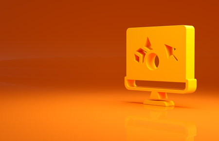 Yellow 3D printer software icon isolated on orange background. 3d printing. Minimalism concept. 3d illustration 3D renderの写真素材