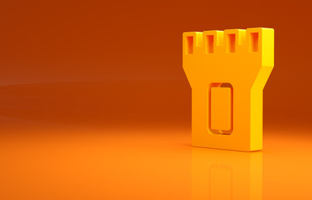 Yellow Castle tower icon isolated on orange background. Fortress sign. Minimalism concept. 3d illustration 3D renderの写真素材