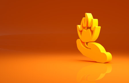 Yellow Hand holding a fire icon isolated on orange background. Minimalism concept. 3d illustration 3D renderの写真素材