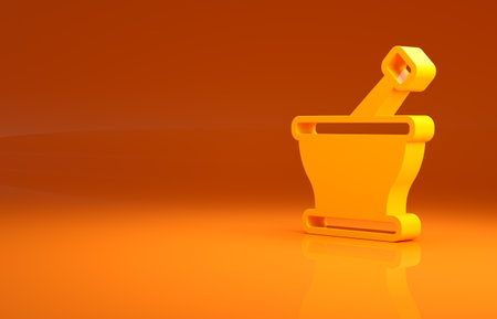 Yellow Mortar and pestle icon isolated on orange background. Minimalism concept. 3d illustration 3D renderの写真素材