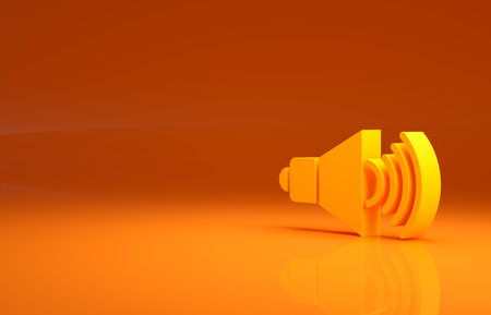 Yellow Speaker volume, audio voice sound symbol, media music icon isolated on orange background. Minimalism concept. 3d illustration 3D renderの写真素材