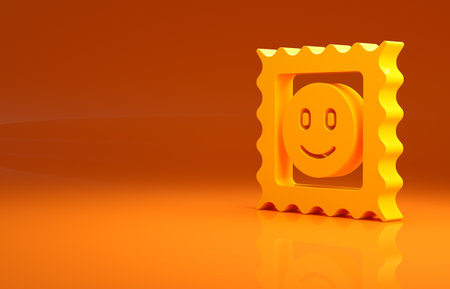 Yellow LSD acid mark icon isolated on orange background. Acid narcotic. Postmark. Postage stamp. Health danger. Minimalism concept. 3d illustration 3D renderの写真素材