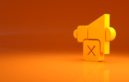 Yellow Speaker mute icon isolated on orange background. No sound icon. Volume Off symbol. Minimalism concept. 3d illustration 3D renderの写真素材