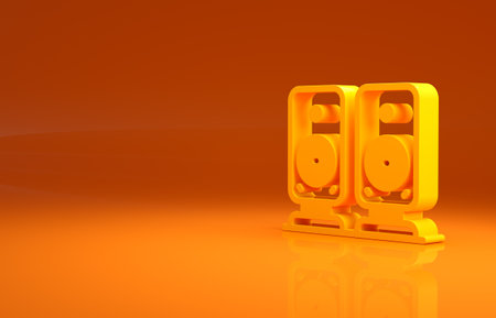 Yellow Stereo speaker icon isolated on orange background. Sound system speakers. Music icon. Musical column speaker bass equipment. Minimalism concept. 3d illustration 3D renderの写真素材