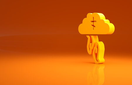 Yellow Gods helping hand icon isolated on orange background. Religion, bible, christianity concept. Divine help. Minimalism concept. 3d illustration 3D renderの写真素材