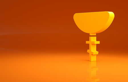 Yellow Christian cross on chain icon isolated on orange background. Church cross. Minimalism concept. 3d illustration 3D renderの写真素材