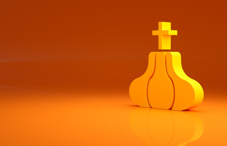 Yellow Christian church tower icon isolated on orange background. Religion of church. Minimalism concept. 3d illustration 3D renderの写真素材