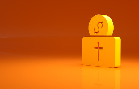 Yellow Donation for church icon isolated on orange background. Minimalism concept. 3d illustration 3D renderの写真素材
