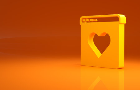 Yellow Dating app online laptop concept icon isolated on orange background. Female male profile flat design. Couple match for relationship. Minimalism concept. 3d illustration 3D renderの写真素材