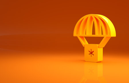 Yellow Humanitarian aid icon isolated on orange background. Medical cargo goes down to hard-to-reach places with a parachute. Minimalism concept. 3d illustration 3D renderの写真素材