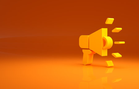 Yellow Megaphone icon isolated on orange background. Speaker sign. Minimalism concept. 3d illustration 3D renderの写真素材