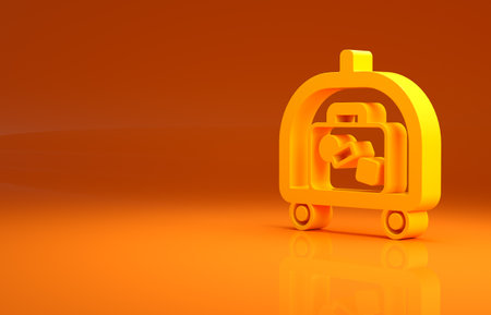 Yellow Hotel luggage cart with suitcase icon isolated on orange background. Traveling baggage sign. Travel luggage icon. Minimalism concept. 3d illustration 3D renderの写真素材